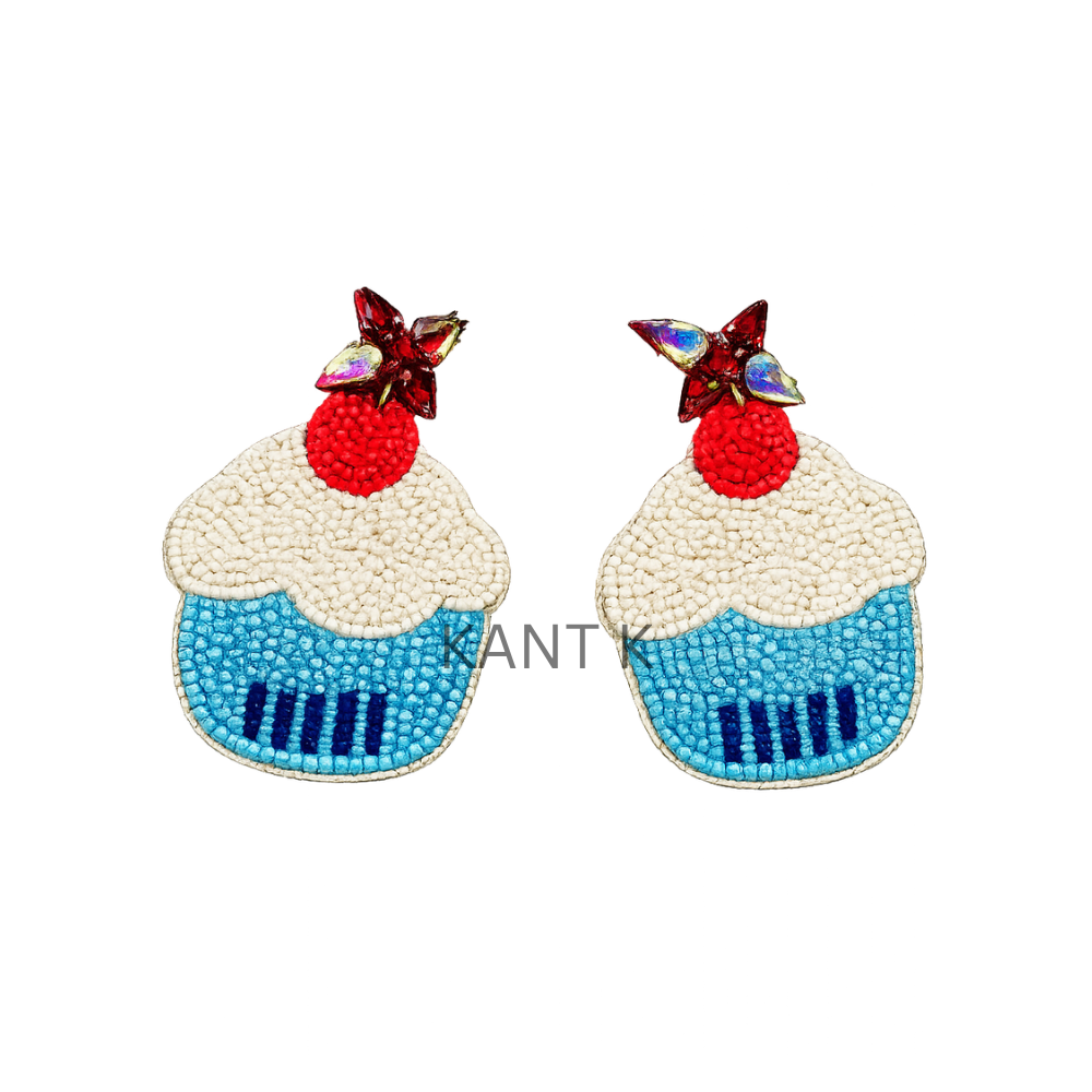 Handmade Beaded Cupcake Earrings with Cherry Cute Blue & White Dessert Earrings