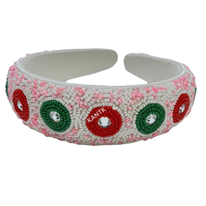 Handmade Festive Beaded Headband Pink, Red, Green & Crystal Accents