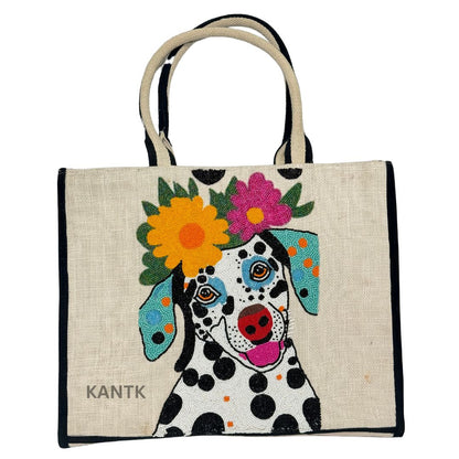 Handmade Dalmatian with Flower Crown Beaded Tote Bag