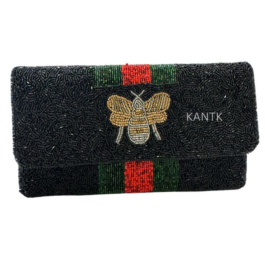 Handmade Beaded Clutch with Bee & Stripe Design