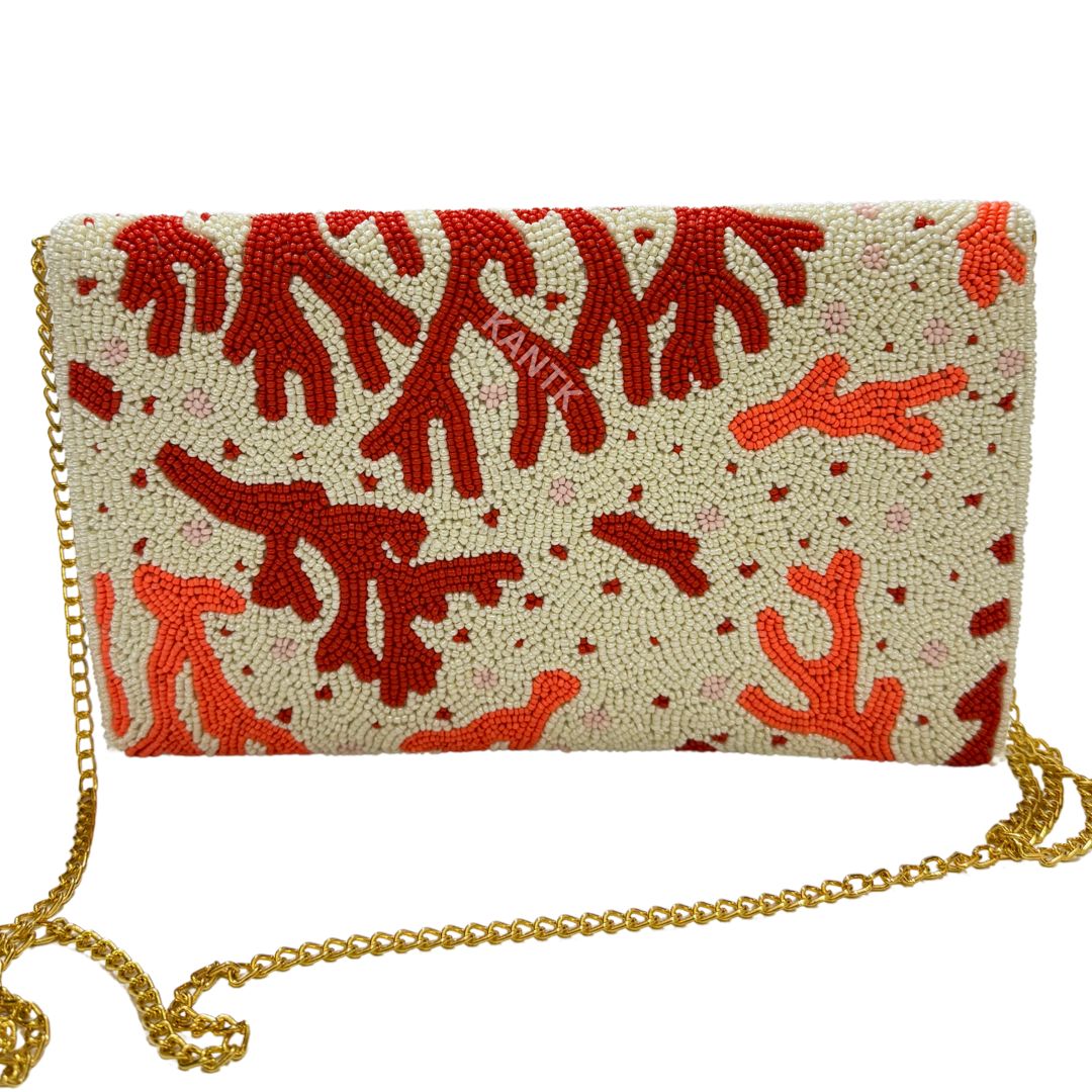 Red and White Beaded Coral Reef Flap Bag with Chain Strap