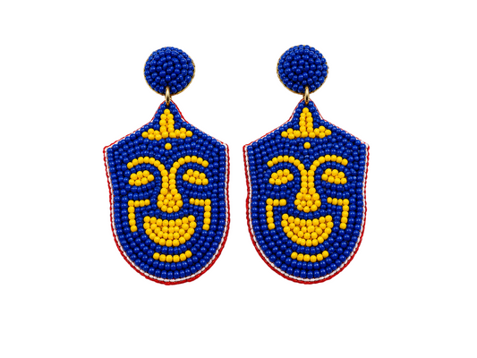 Handcrafted Blue and Yellow Seed Bead Face Statement Earrings