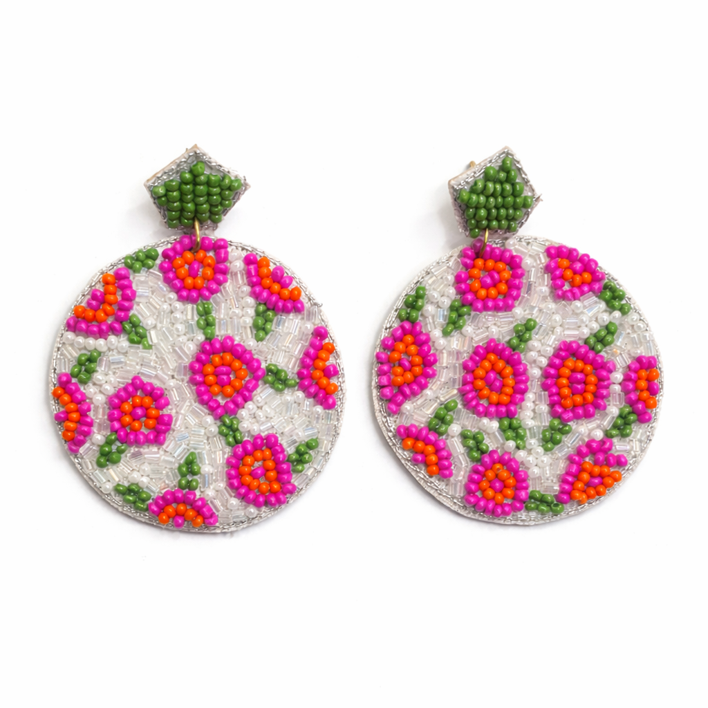 Pink & White Seed Beaded Floral Circle Earrings Handmade Statement Dangle Earrings