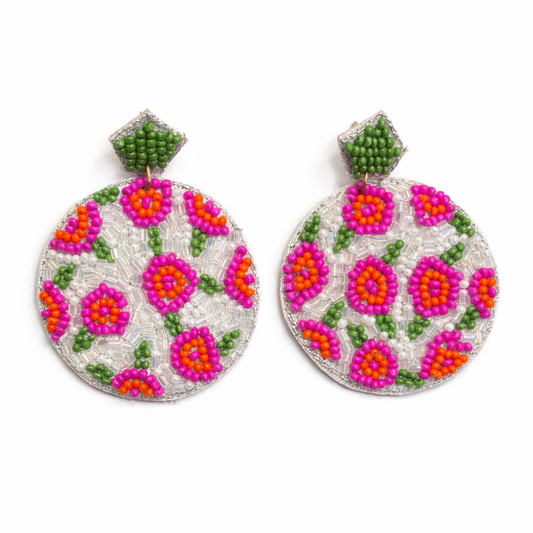 Pink & White Seed Beaded Floral Circle Earrings Handmade Statement Dangle Earrings