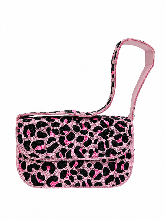 Handcrafted Pink and Black Leopard-Print Beaded Shoulder Bag