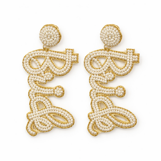 Seed Beaded Cursive "Bride" Dangle Earrings