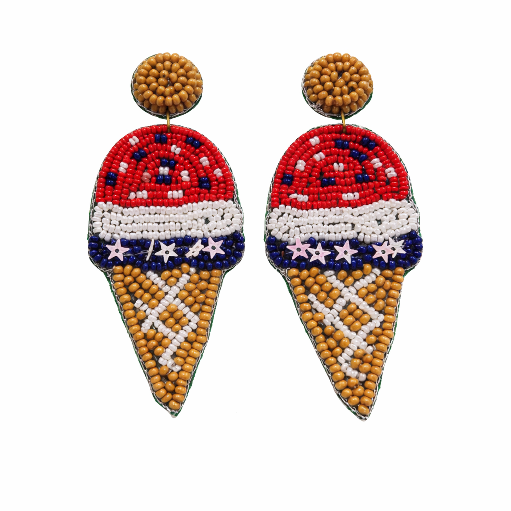 4th of July Ice-cream cone Shape Beaded Earrings Handmade Red, White & Blue Statement Earrings