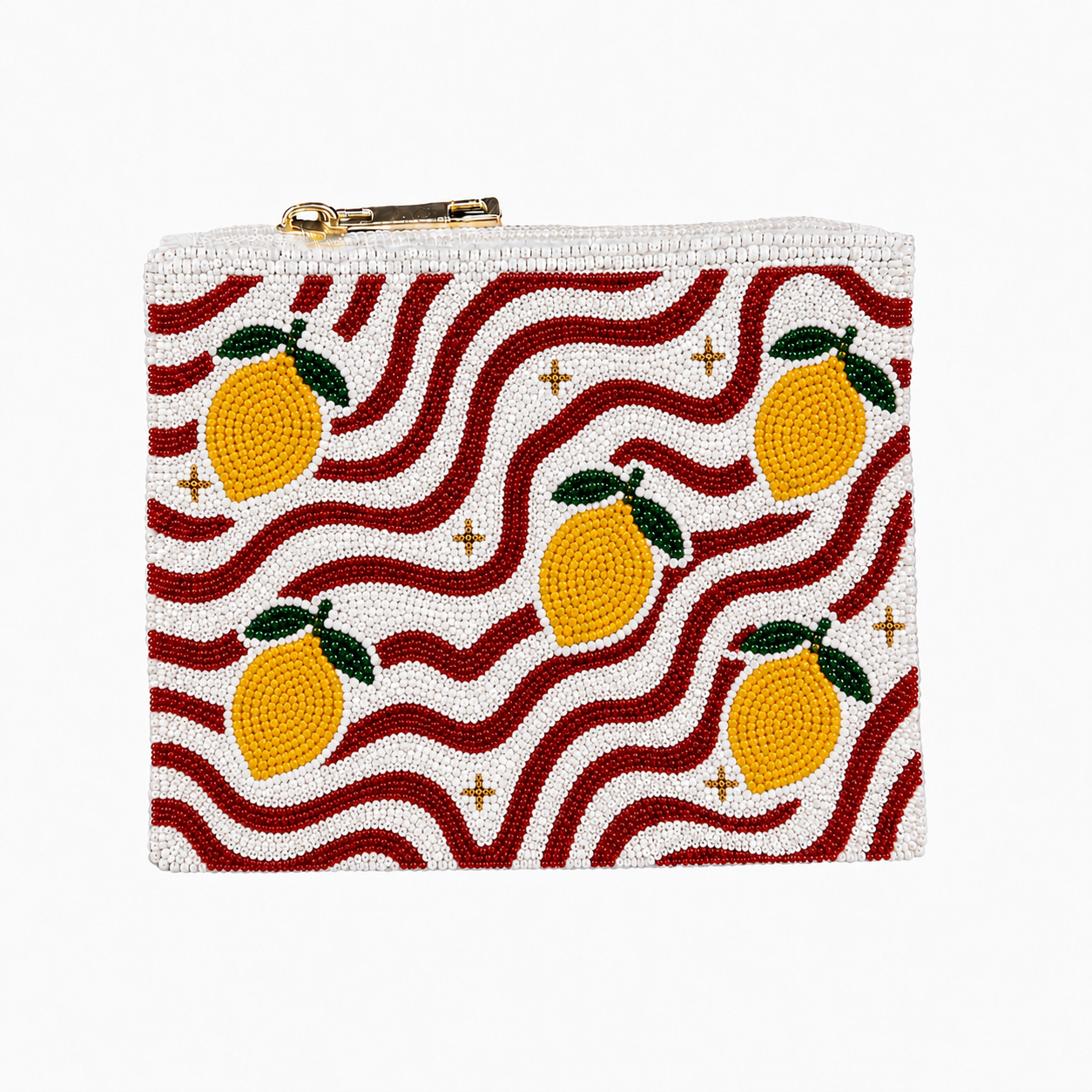 Handcrafted Lemon Beaded Coin Purse with Red & White Stripes