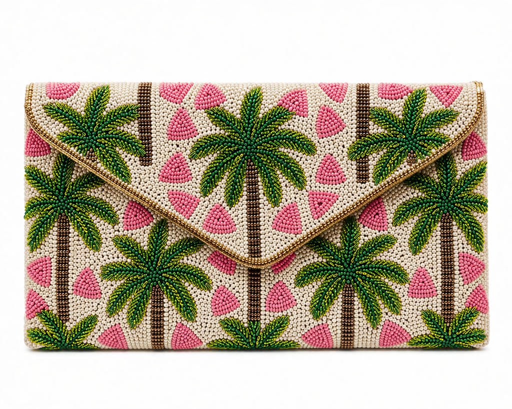 Tropical Palm Tree Beaded Clutch Handmade Summer Statement Bag