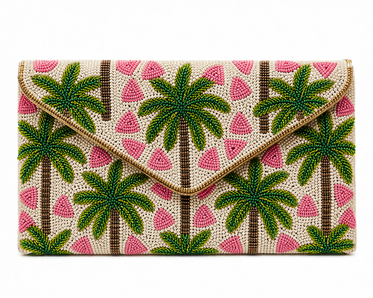Tropical Palm Tree Beaded Clutch Handmade Summer Statement Bag