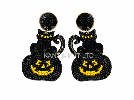 Handmade Halloween Beaded Dangle Earrings Spooky Ghost & Bat Beadwork Jewelry