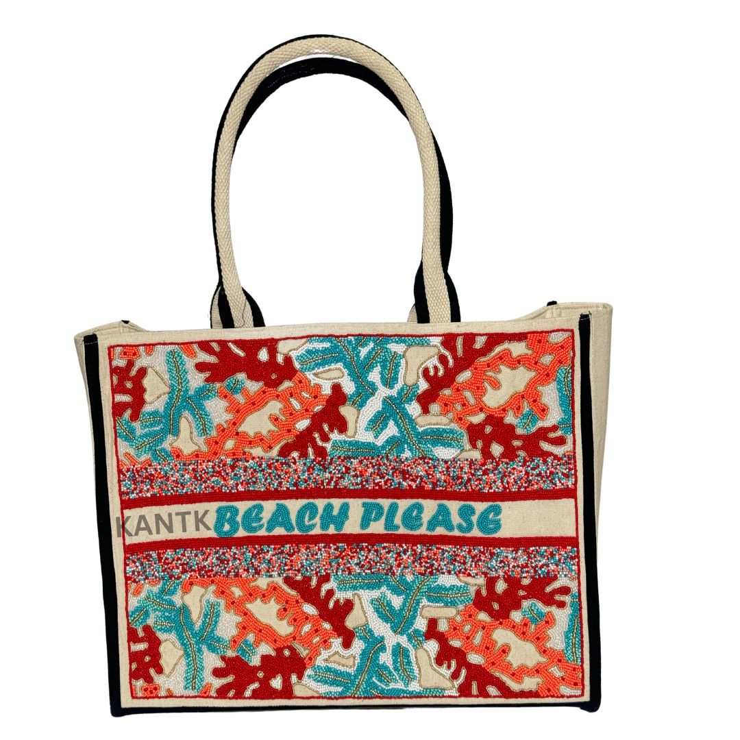 Handmade Beach Please Beaded Coral Design Tote Bag