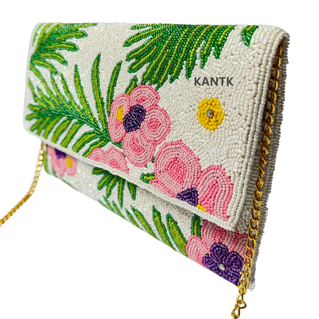 Hand-Beaded Hibiscus Floral Clutch with Chain Strap