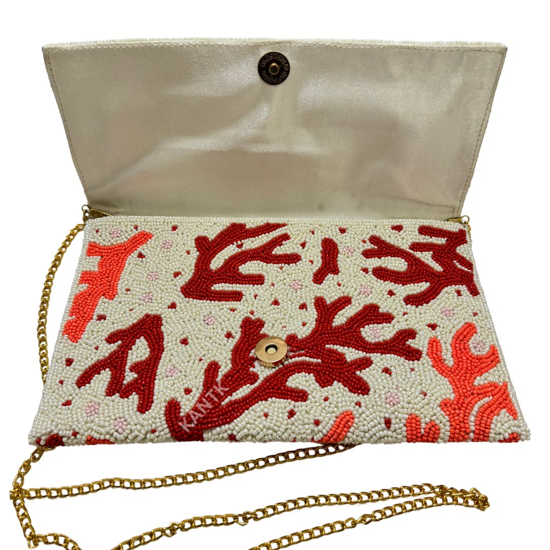 Red and White Beaded Coral Reef Flap Bag with Chain Strap