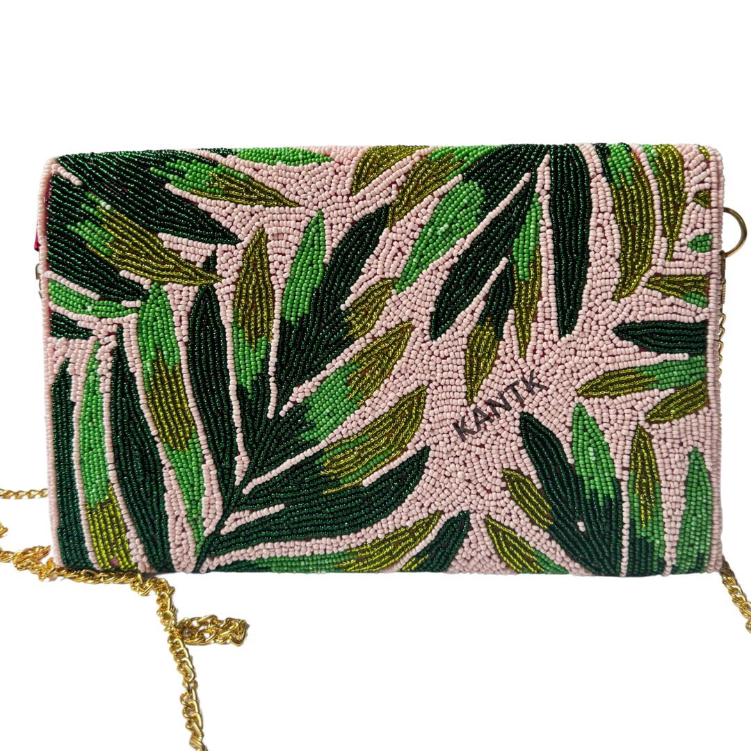 Handmade Palm Leaf Beaded Clutch Nature-Inspired Design