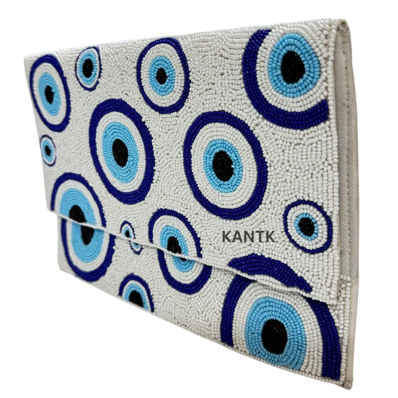 White Beaded Clutch with Blue Evil Eyes