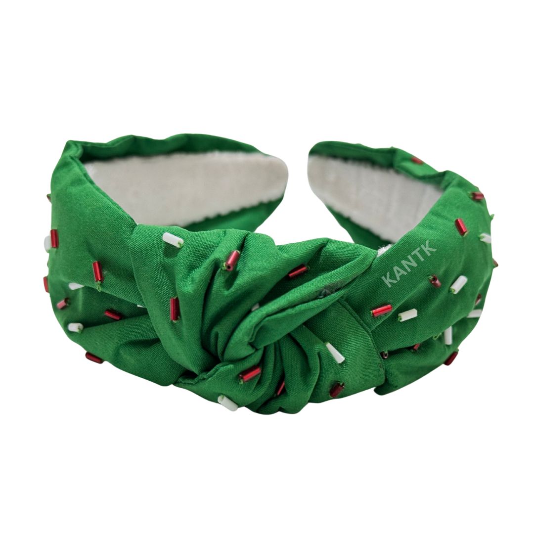 Festive Green Beaded Headband with Red & White Accents