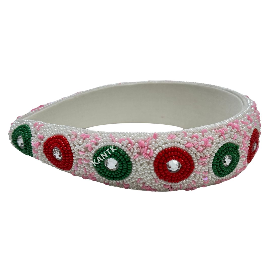 Handmade Festive Beaded Headband Pink, Red, Green & Crystal Accents