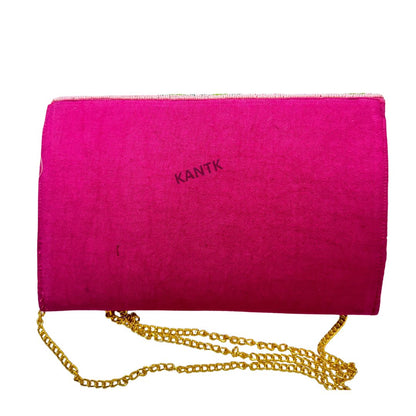 Handmade Pink Cactus Beaded Clutch with Gold Chain