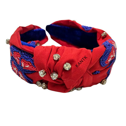 Red Fabric Headband with Beaded Butterfly Design