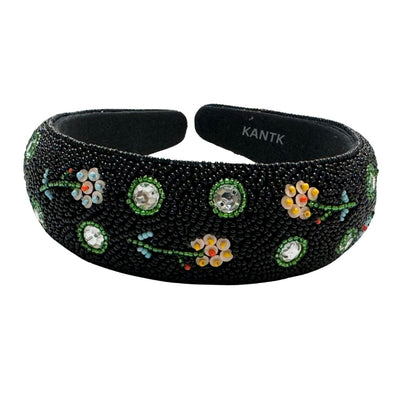 Handmade Black Floral Beaded Headband Embroidered Hair Accessory with Crystal Accents for Women & Girls