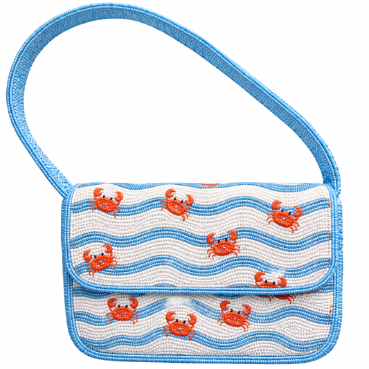 Blue & Red Crab Hand-Beaded Statement Bag