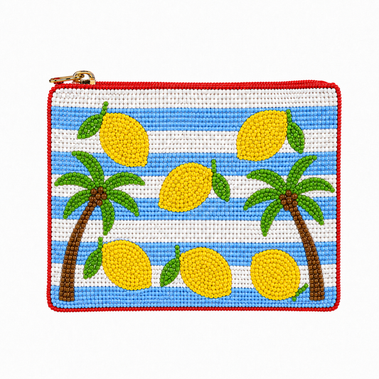 Tropical Summer Lemons & Palm Tree Beaded Coin Pouch