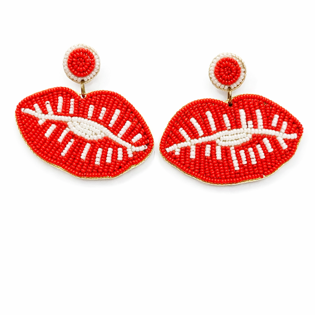 Red & White Beaded Lip Statement Earrings