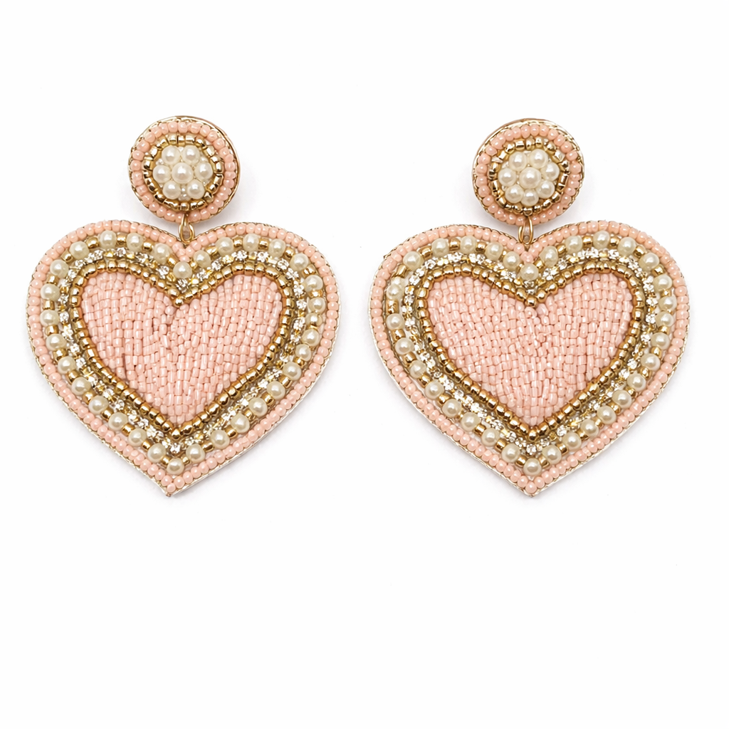 Light Pink and Pink Valentine's Day Beaded Earrings Handmade Heart-Shaped Dangle Earrings for Women