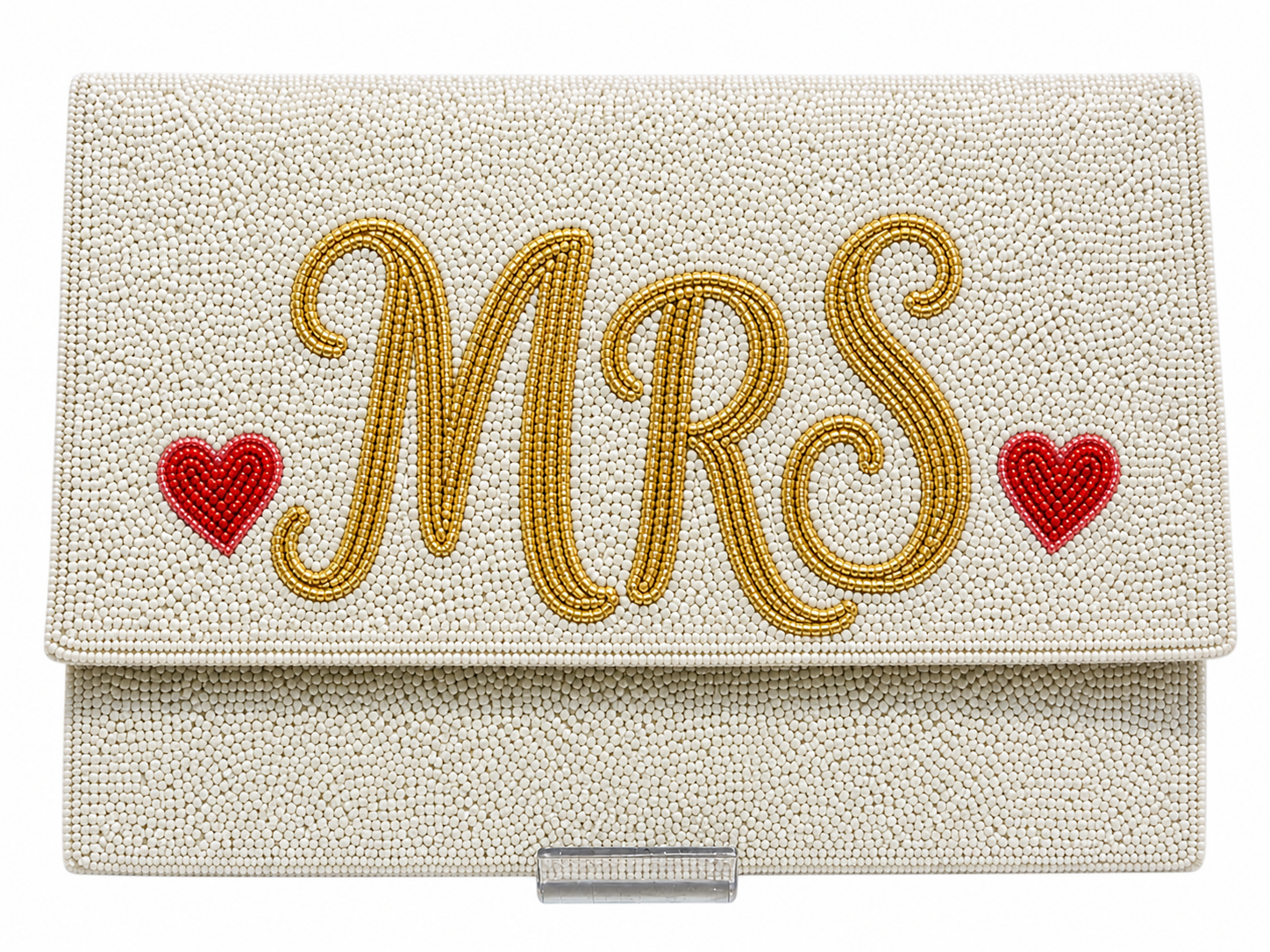 MRS White and Gold Beaded Bridal Clutch Wedding Handbag for Bride