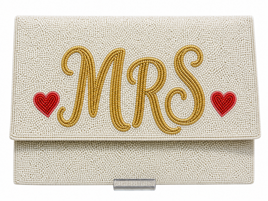 MRS White and Gold Beaded Bridal Clutch Wedding Handbag for Bride
