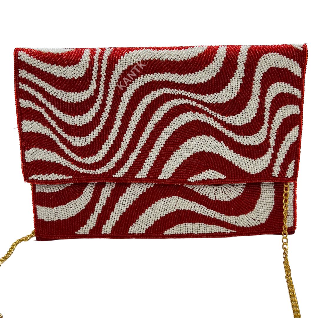 Red and White Beaded Swirl Flap Bag with Chain Strap