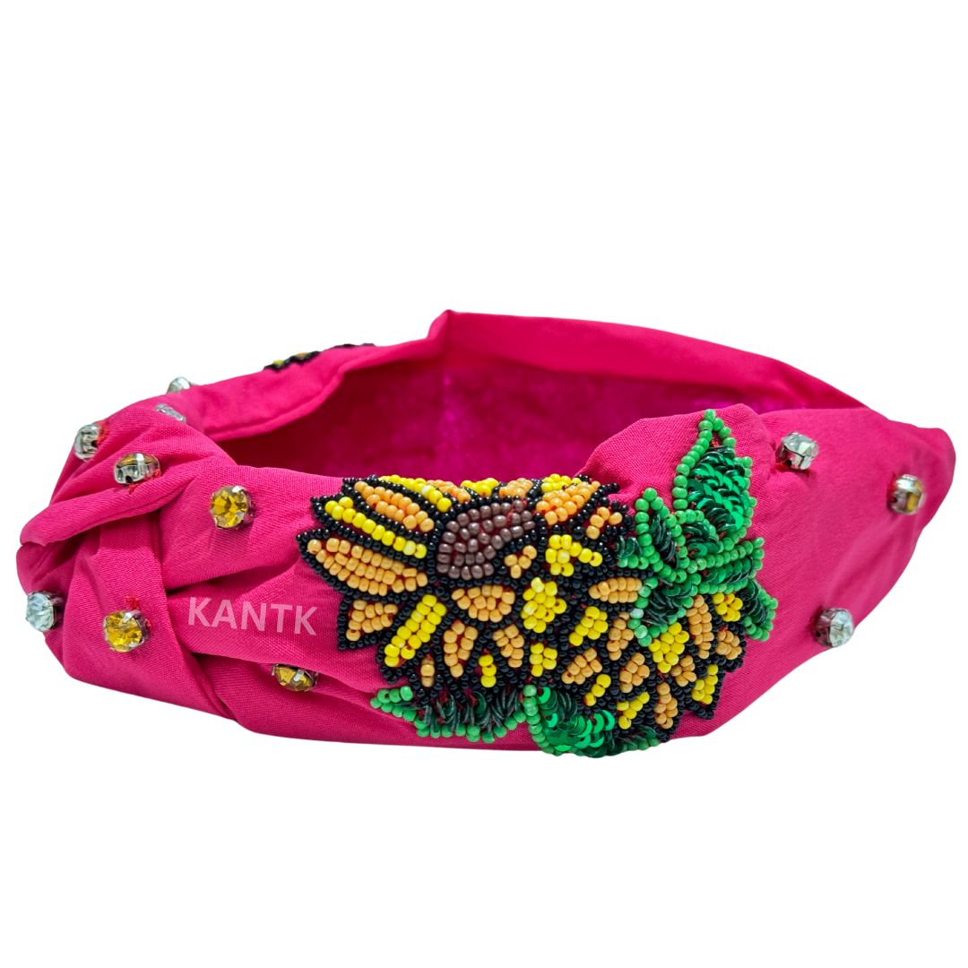 Handcrafted Pink Beaded Sunflower Headband Floral Hair Accessory for Women