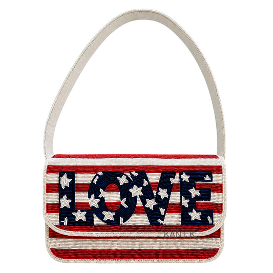Patriotic LOVE Beaded Shoulder Bag Handcrafted Red White & Blue Statement Purse