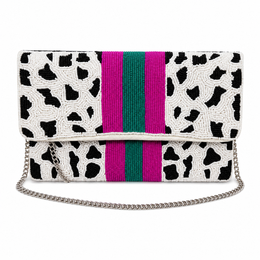 Beaded Stripe Clutch White & Black Leopard Print