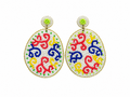 Multicolored Beaded Statement Earrings with Intricate Red, Blue & Yellow Patterns