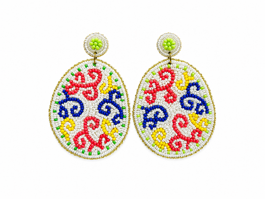 Multicolored Beaded Statement Earrings with Intricate Red, Blue & Yellow Patterns