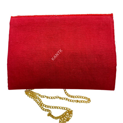 Red and White Beaded Swirl Flap Bag with Chain Strap