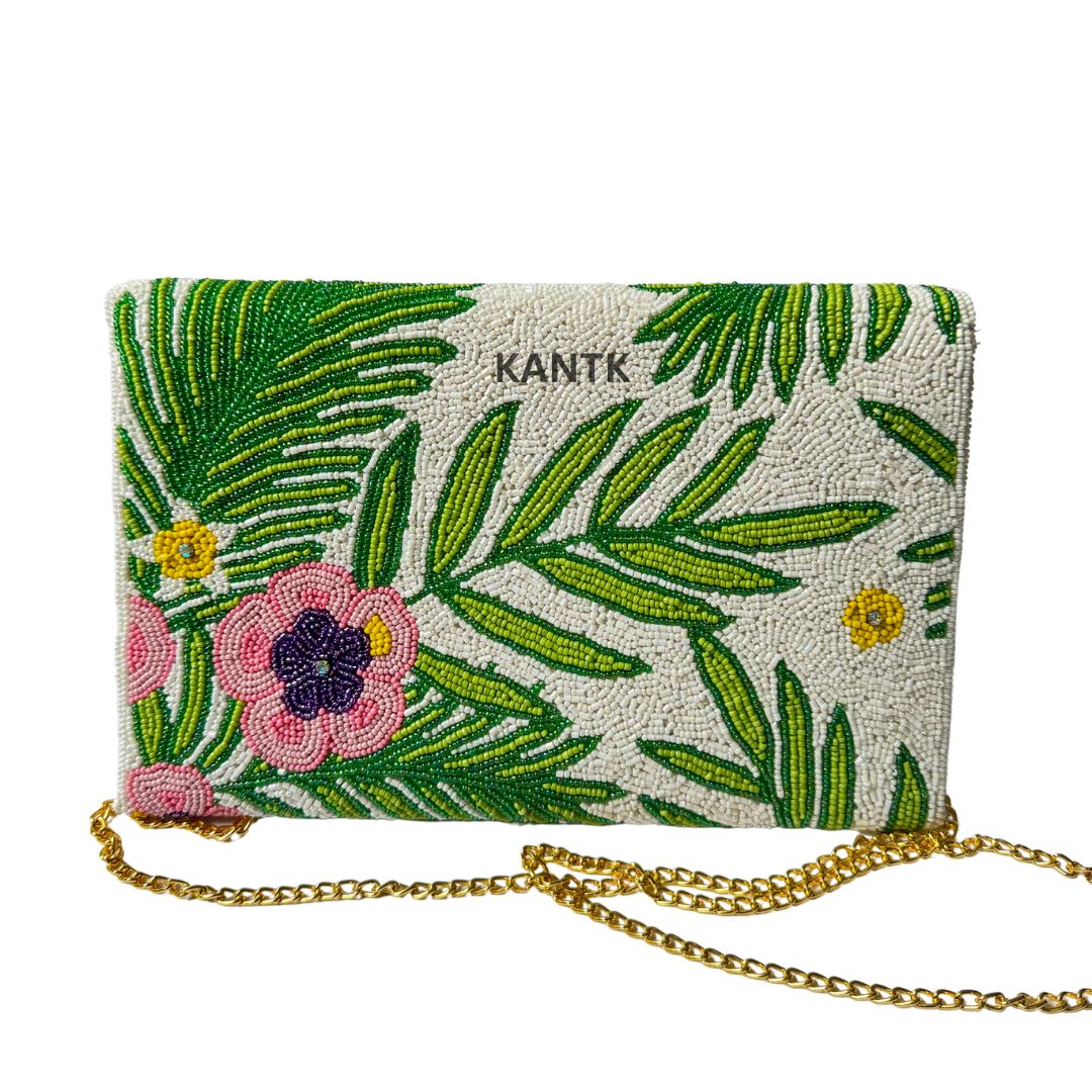 Hand-Beaded Hibiscus Floral Clutch with Chain Strap