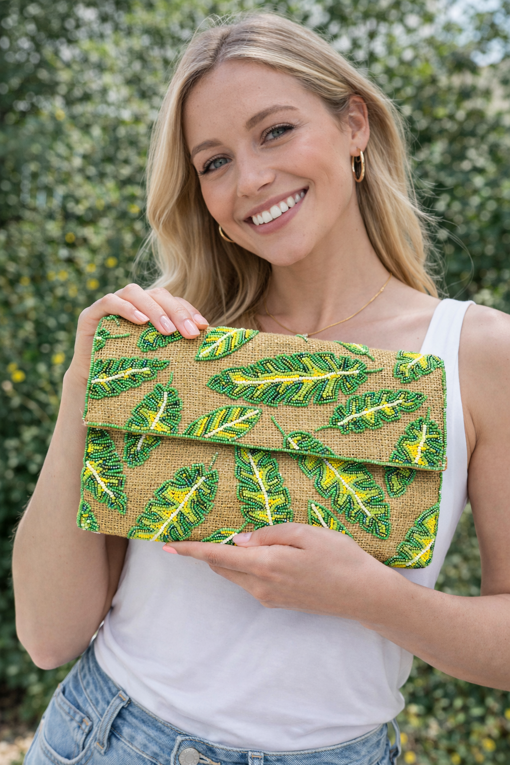 Hand-Crafted Jute Evening Bag with Green Pattern Beaded Tropical Clutch