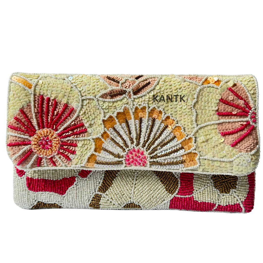 Hand-Beaded Floral Clutch with Sequin Detailing