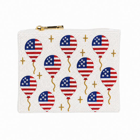 USA Patriotic Balloons Beaded Coin Purse 4th of July Hand-Beaded Mini Wallet