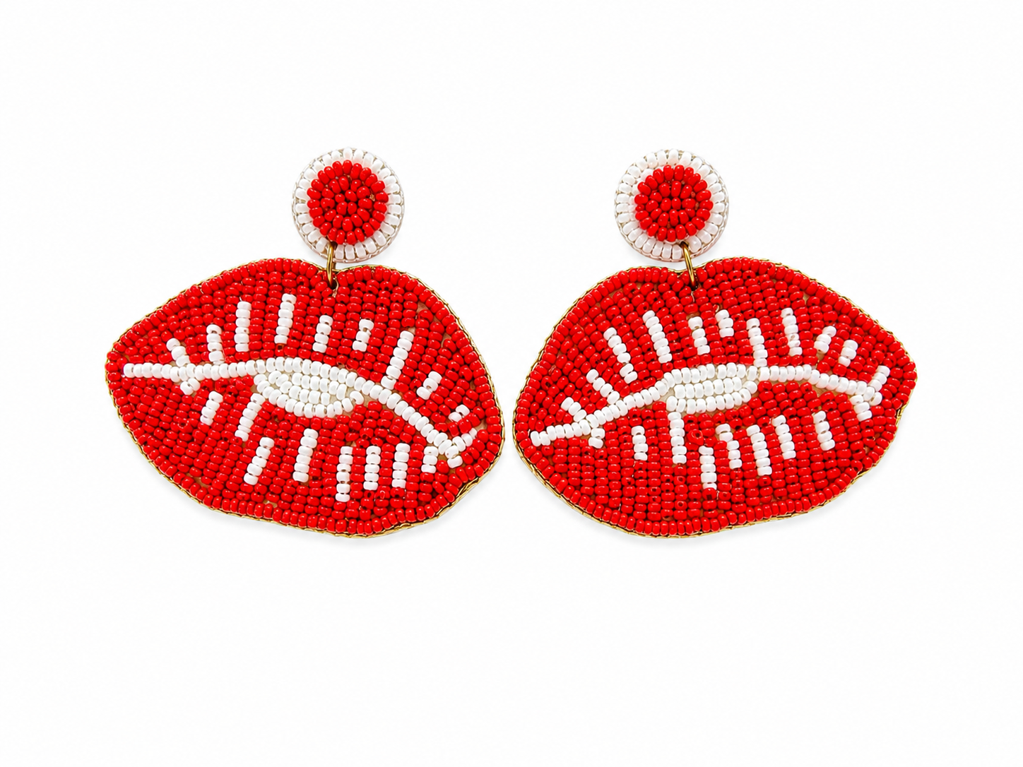 Handcrafted Red & White Beaded Lip Earrings