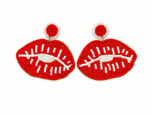 Handcrafted Red & White Beaded Lip Earrings