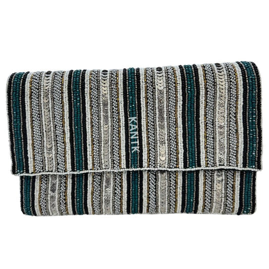 Beaded Clutch Green and Silver Accents with Striped Pattern