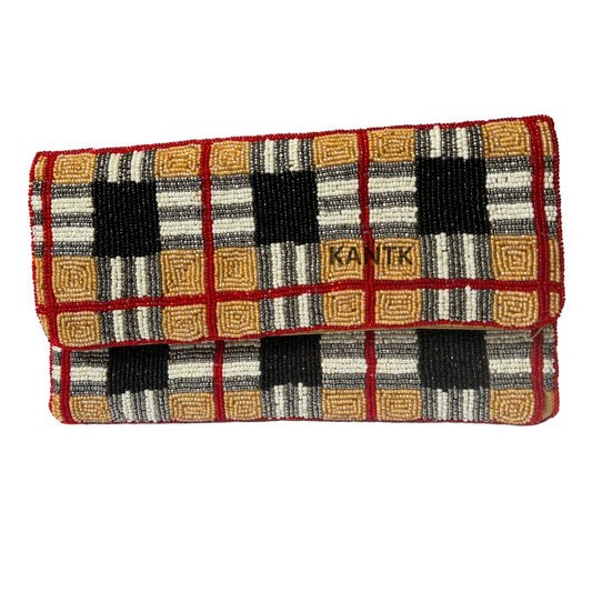 Handmade Beaded Clutch with Plaid & Stripe