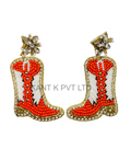 Orange & White Beaded Cowgirl Boot Earrings Western Statement Dangles