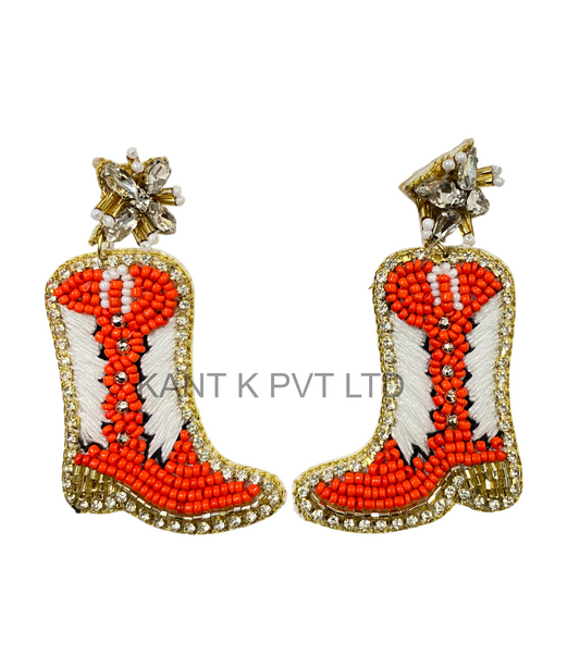 Orange & White Beaded Cowgirl Boot Earrings Western Statement Dangles