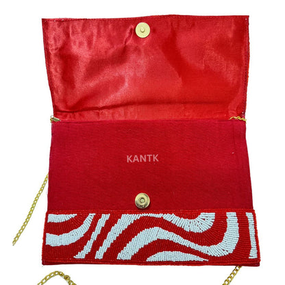 Red and White Beaded Swirl Flap Bag with Chain Strap