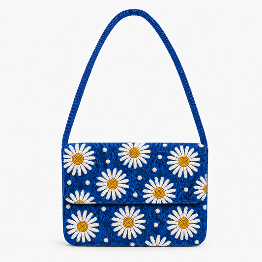 Royal Blue Hand-Beaded Shoulder Bag with White & Yellow Daisy Floral Pattern